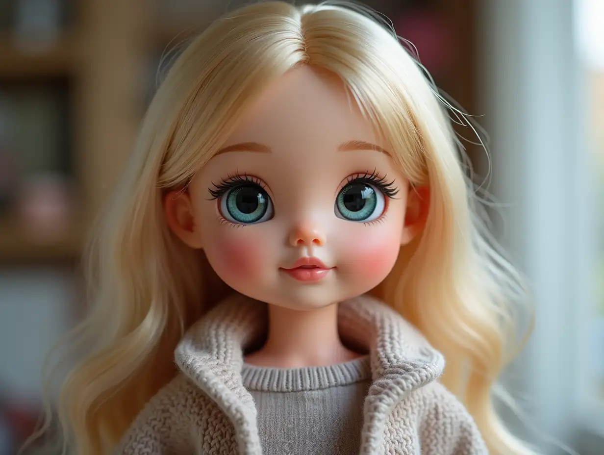 doll named Sophia, fair hair of medium length, blue-green eyes, rosy cheeks, everyday clothing style, iPhone