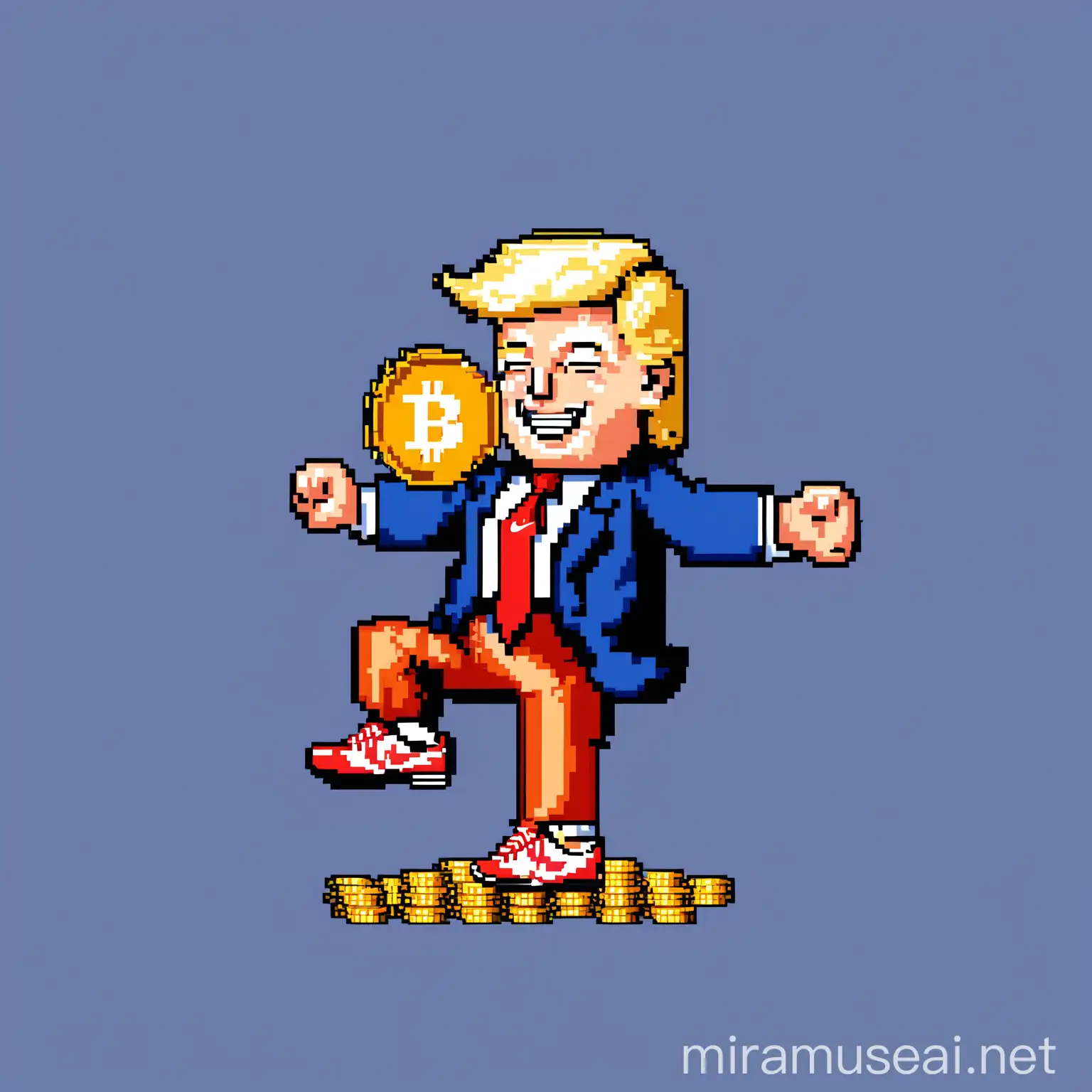 Pixel Art of a Happy Dancing Donald Trump with Bitcoin and Nike Sneakers