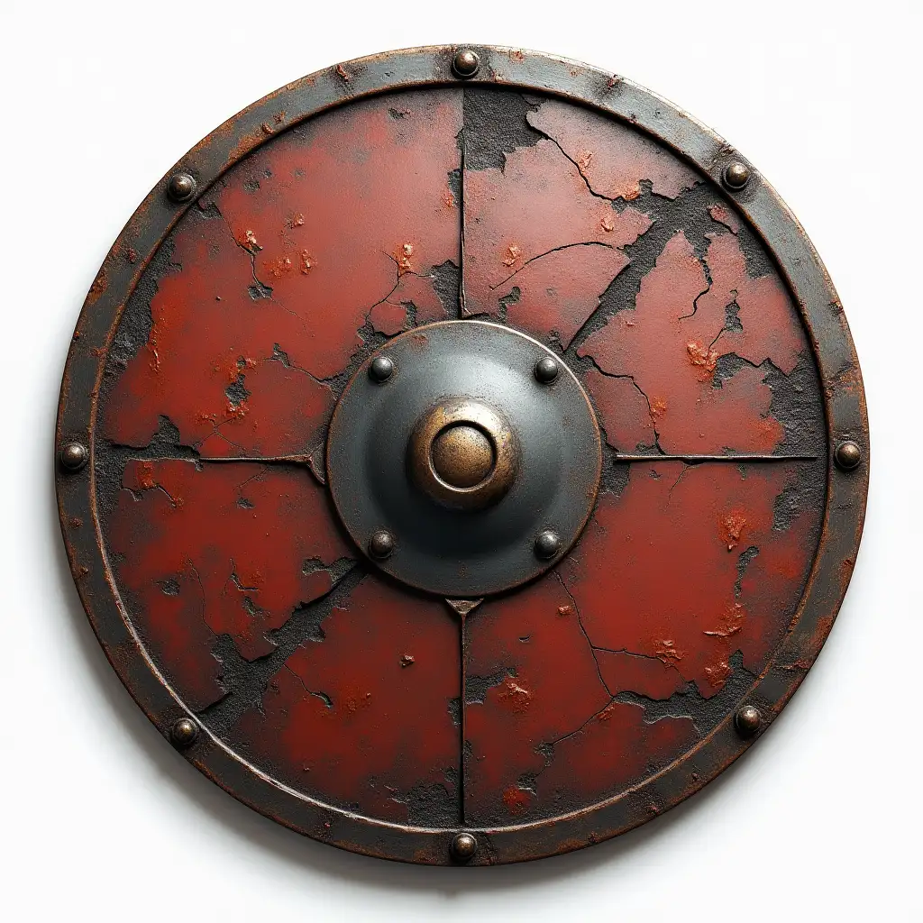 2d flat texture, centered, frontal view, round iron shield, old+++, very rusty+++, damaged, leaky, broken: 2, cracks, chips, scratches, reddish-brown rust+++, skeleton shield, simple transparate background