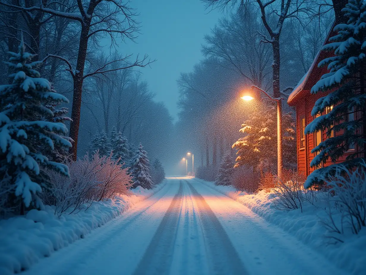 Create a vivid, surreal scene where it's snowing and the temperature is exactly 7 degrees Fahrenheit. Describe the scene in detail, including the appearance of the snowflakes, the colors of the environment, and the overall atmosphere. Incorporate the colors blue and orange prominently. The scene should evoke a sense of wonder and magic.