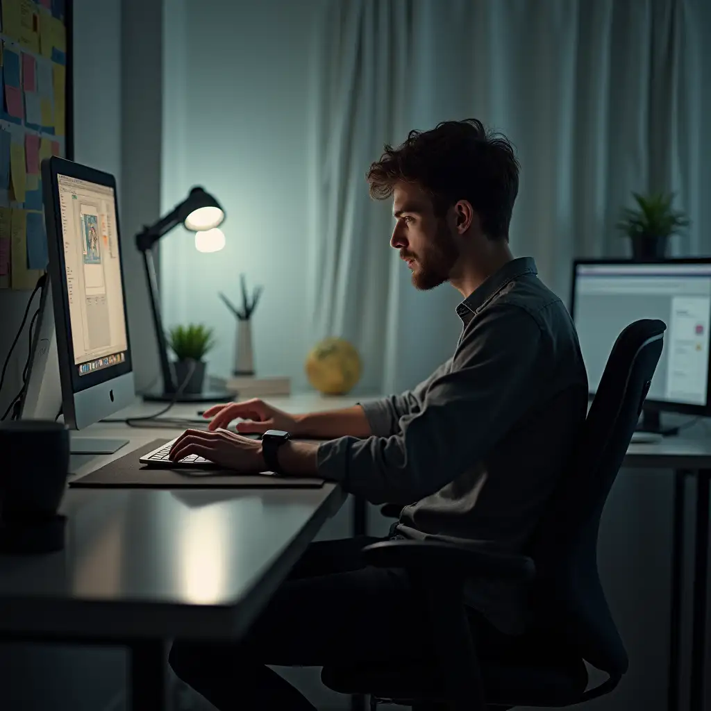 A highly detailed and cinematic portrait of a 25-year-old man working at a modern, minimalist desk...