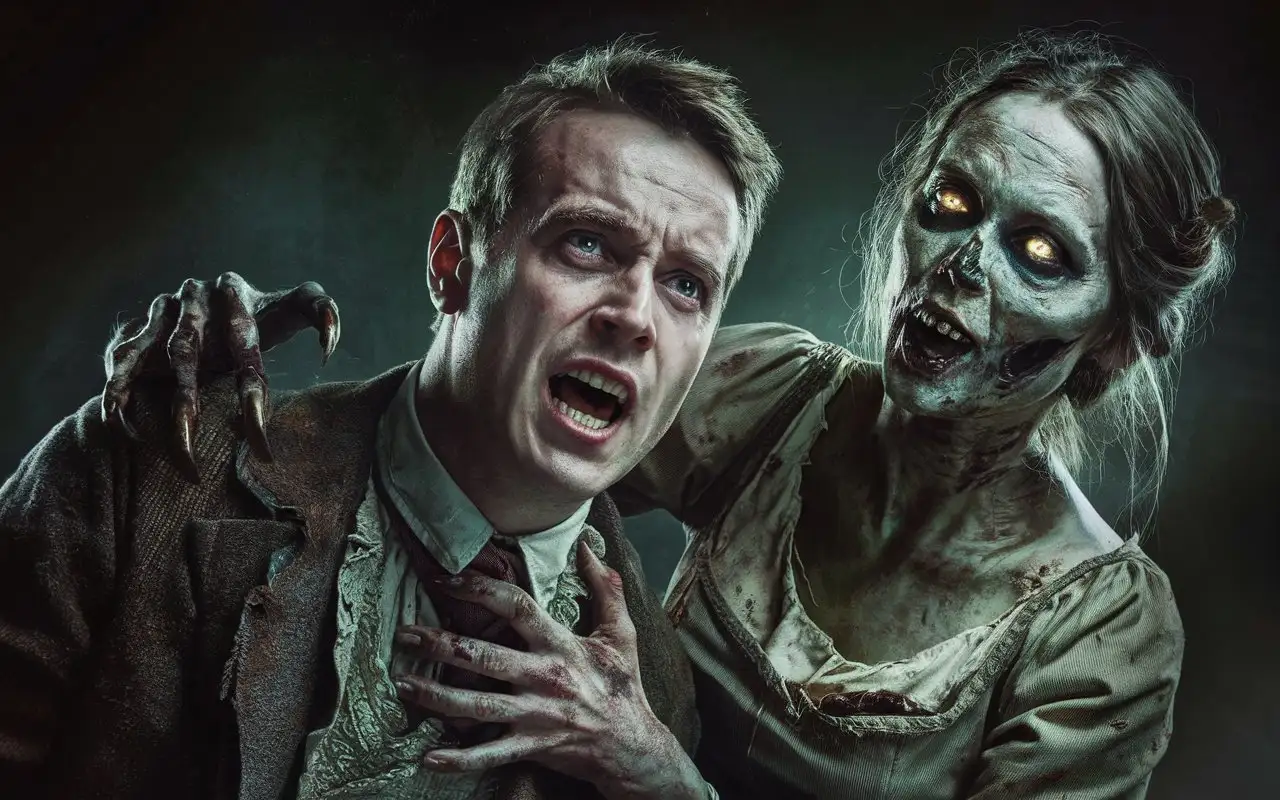 Terrifying-CloseUp-of-a-Zombie-Woman-Grabbing-a-Frightened-Man-in-a-Dark-Foggy-Setting