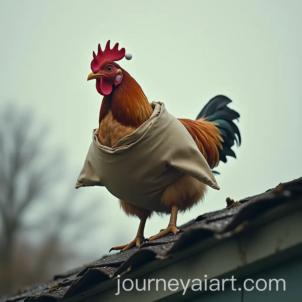 Chicken-Wearing-Christmas-Hat-on-Rooftop-with-Fertilizer-Bag-Sliding-Down