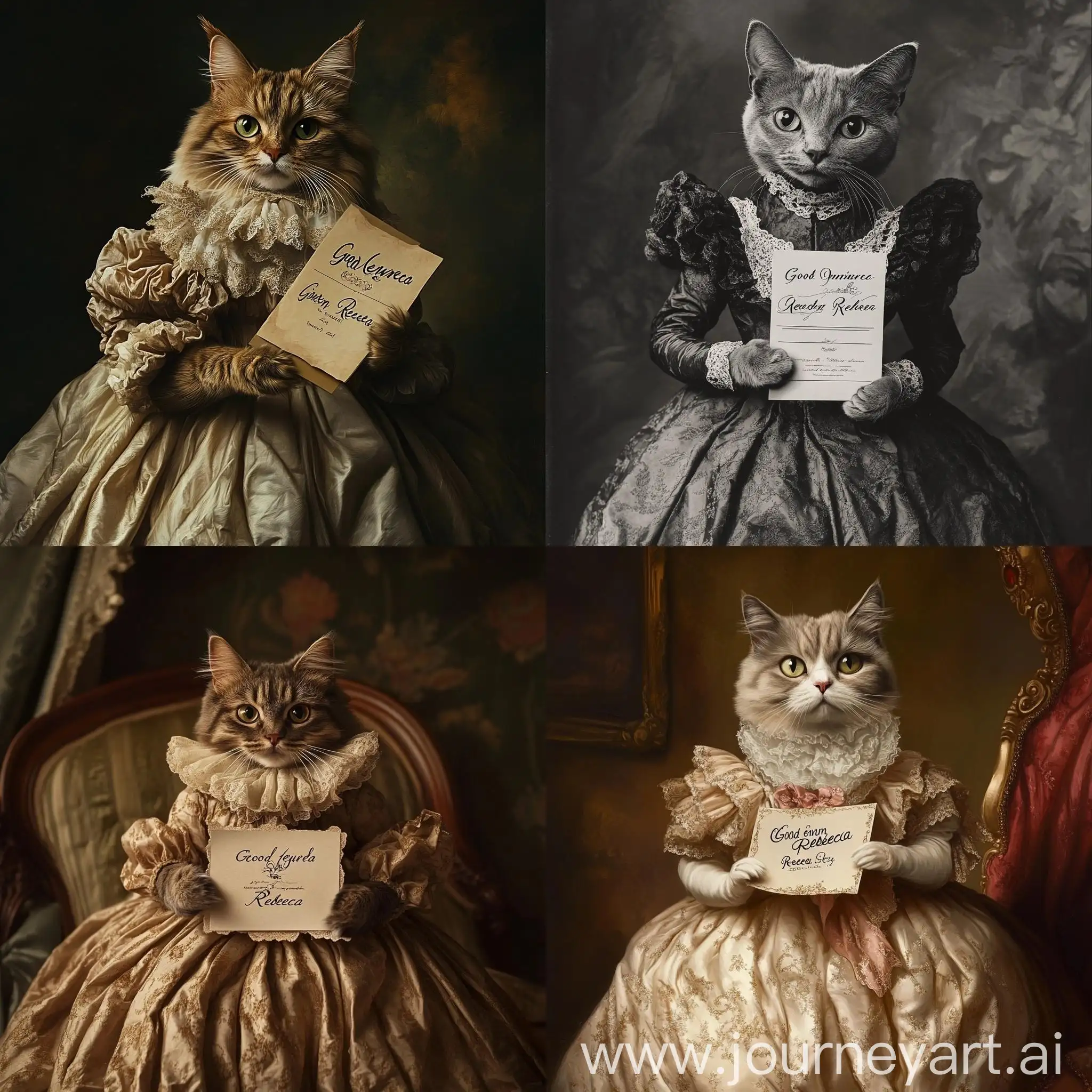 Elegant-Cat-in-Flowing-Dress-with-Good-Evening-Rebeca-Invitation