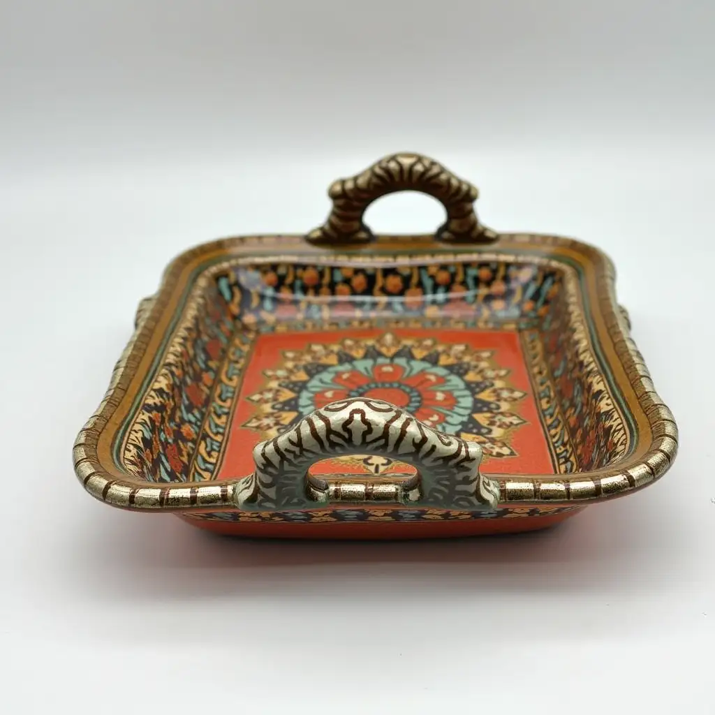 Square with rounded corners ceramic serving dish withe embossed beautiful handle, antique and old, Qajar art, Iranian Tabriz carpet design