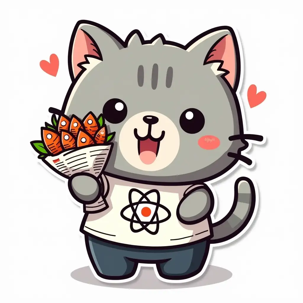 A curvilinearly cut sticker depicting a kawaii positive fluffy little happy gray cat in office clothes with the atom symbol on the T-shirt.The cat holds out a bouquet of fish wrapped in newspaper towards the viewer in the center of the image. Vibrant and dynamic die cut sticker design top-view, high resolution, vector art, white background, paint in anime style