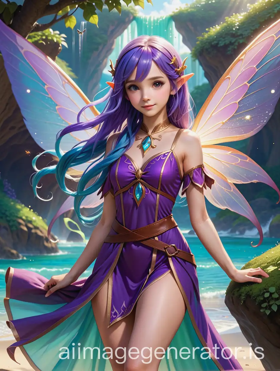 Fairy-with-Ocean-Wings-Purple-Dress-and-Blue-Hair-alongside-Brown-Elf-in-Tunic