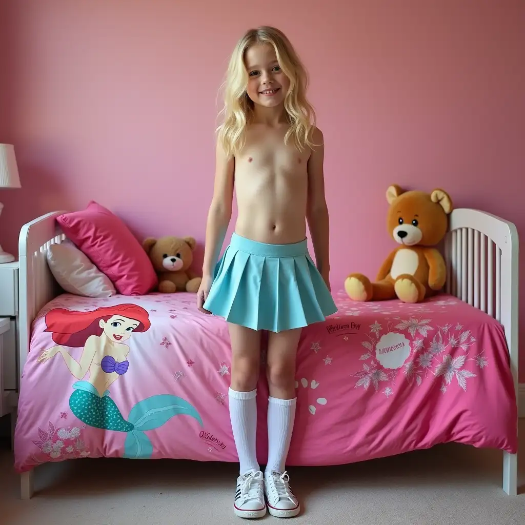 fashion photography. 18 year old adorable petite girl, like Jennifer Lawrence, blond hair, naked, wearing a pleated blue skirt, white knee high socks, tennis shoes, standing in her bedroom.  The small bed is covered by a bright pink bedspread with Disney mermaid. There are a couple of stuffed animals on the bed and several fluffy pillows, and the room has a pink wall. 