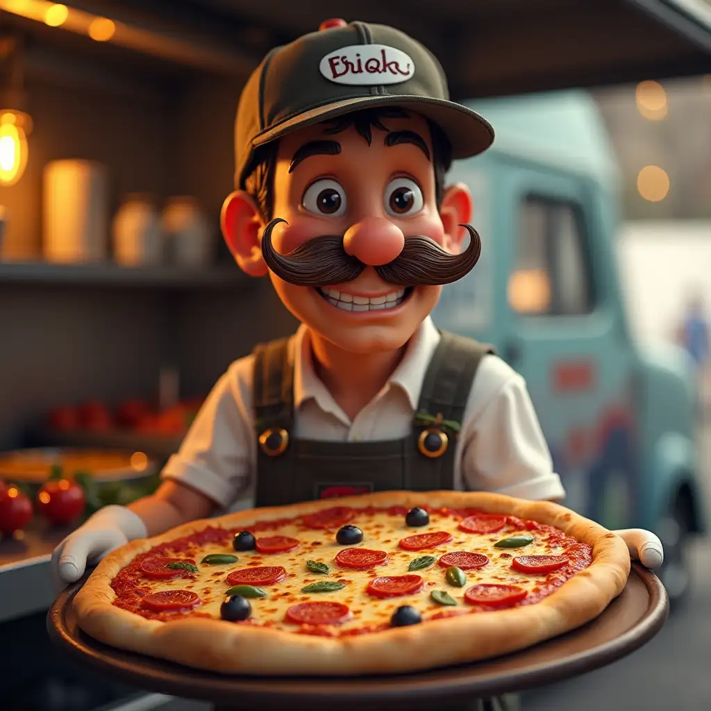 Pizza baker, large mustache, foodtruck, big smile