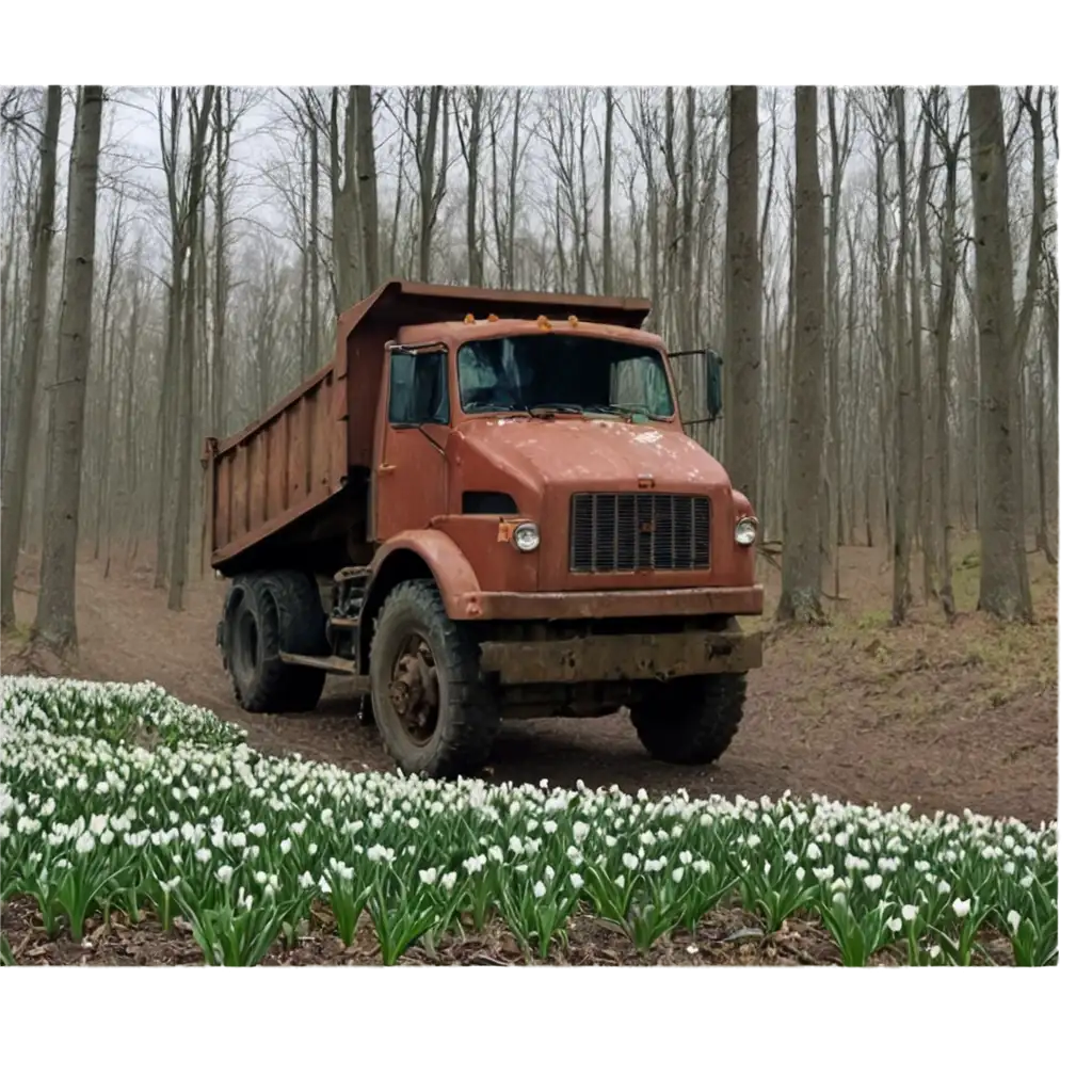 Snowy-Forest-Clearing-with-a-Dump-Truck-and-Tulips-PNG-Image-for-Nature-and-Spring-Themes