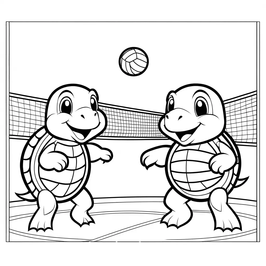 Cartoon-Turtles-Playing-Volleyball-Coloring-Page