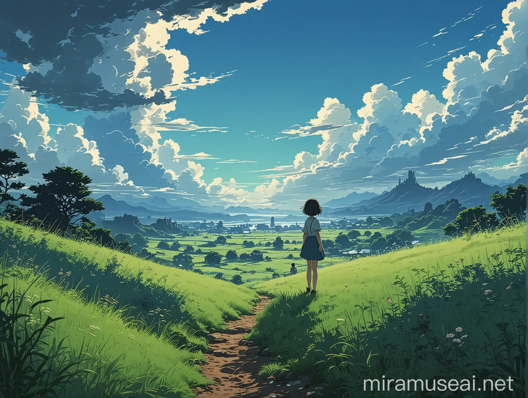 Studio Ghibli Style Art Tiny Woman Silhouette in Grass Landscape under Blue Cloudy Sky