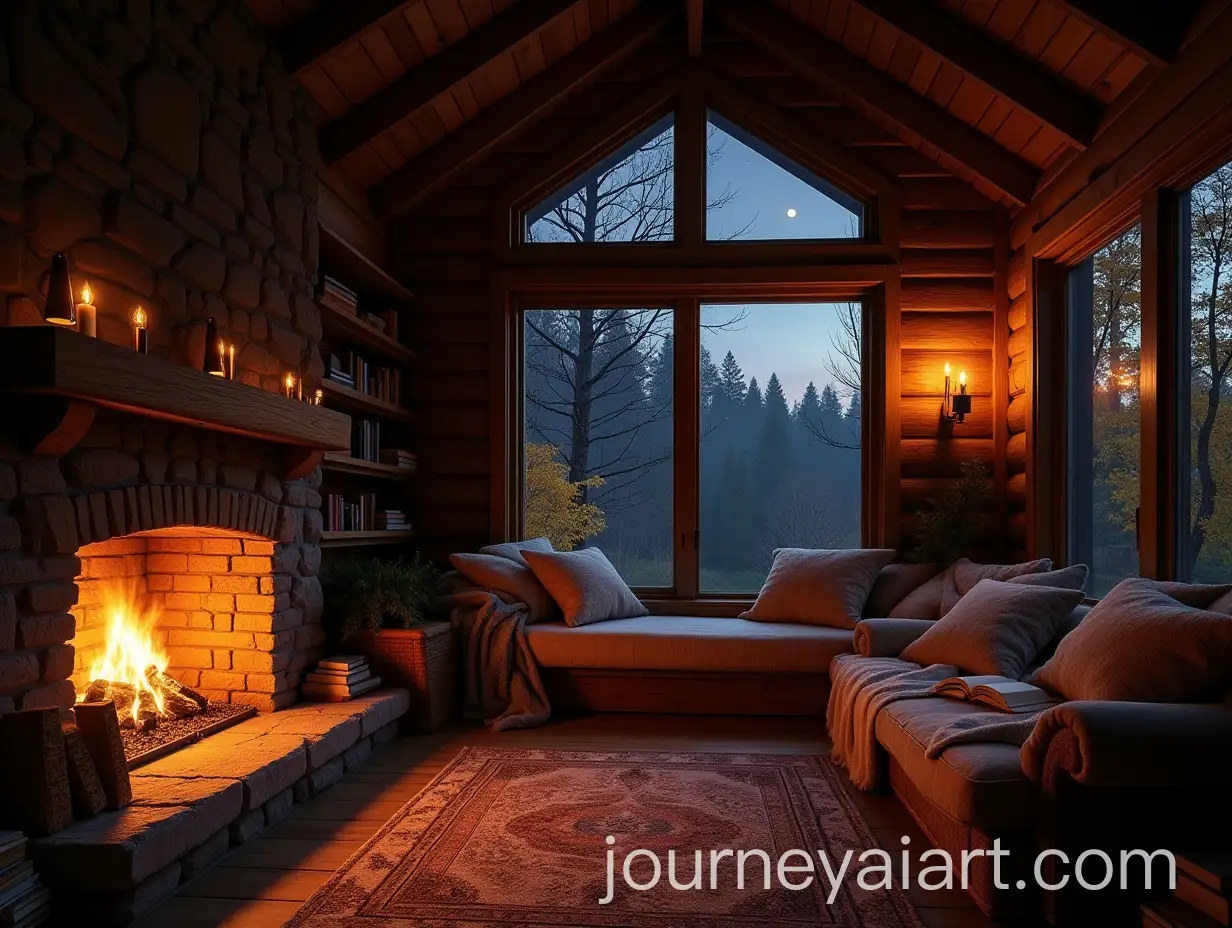 Cozy-Rustic-Cabin-Interior-with-Fireplace-and-Moonlit-Forest-View