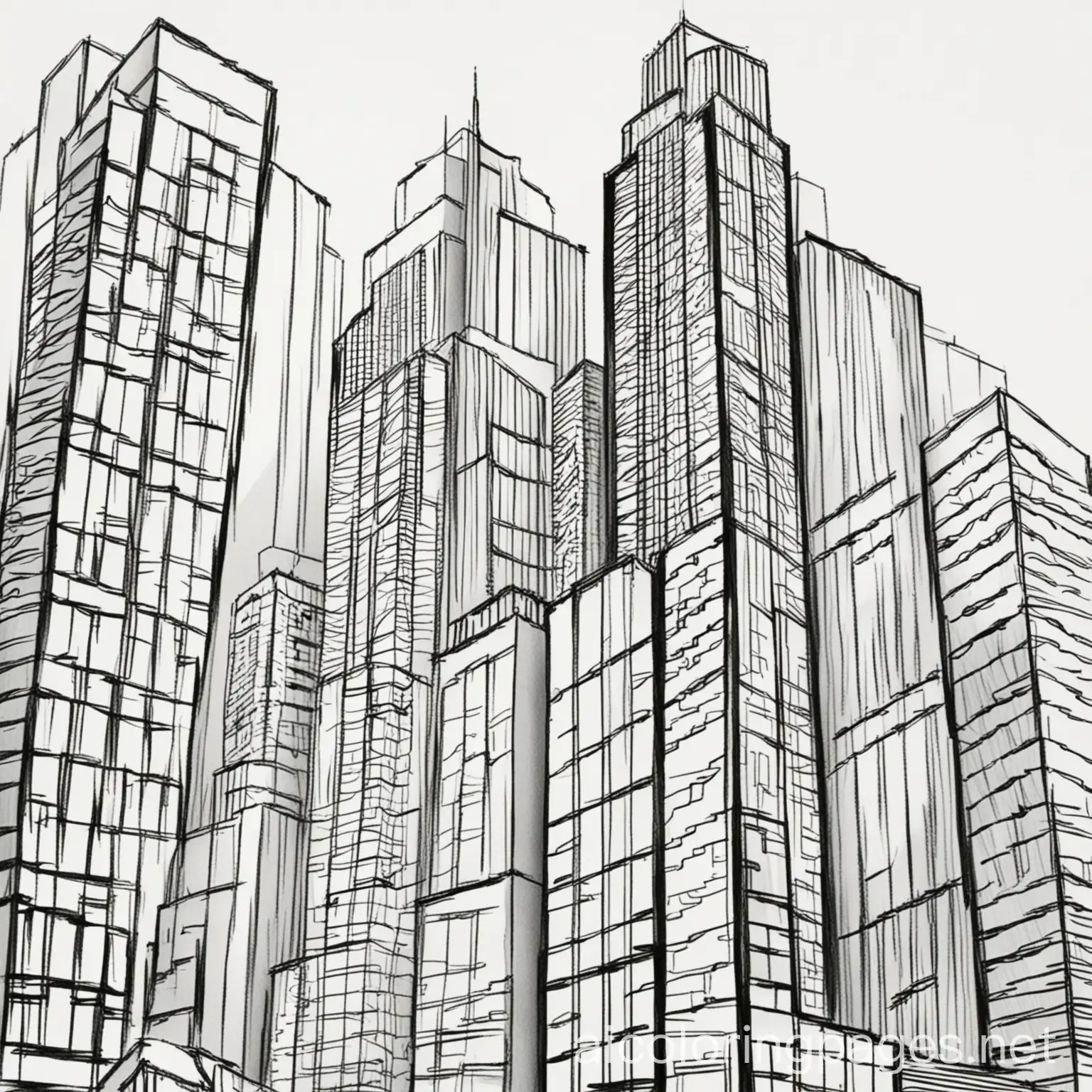 A simple coloring book page featuring a Skyscrapers and modern architecture. Clean line art, black and white, crisp black sharp lines, crisp shiny white background, High resolution., Coloring Page, black and white, line art, white background, Simplicity, Ample White Space. The background of the coloring page is plain white to make it easy for young children to color within the lines. The outlines of all the subjects are easy to distinguish, making it simple for kids to color without too much difficulty