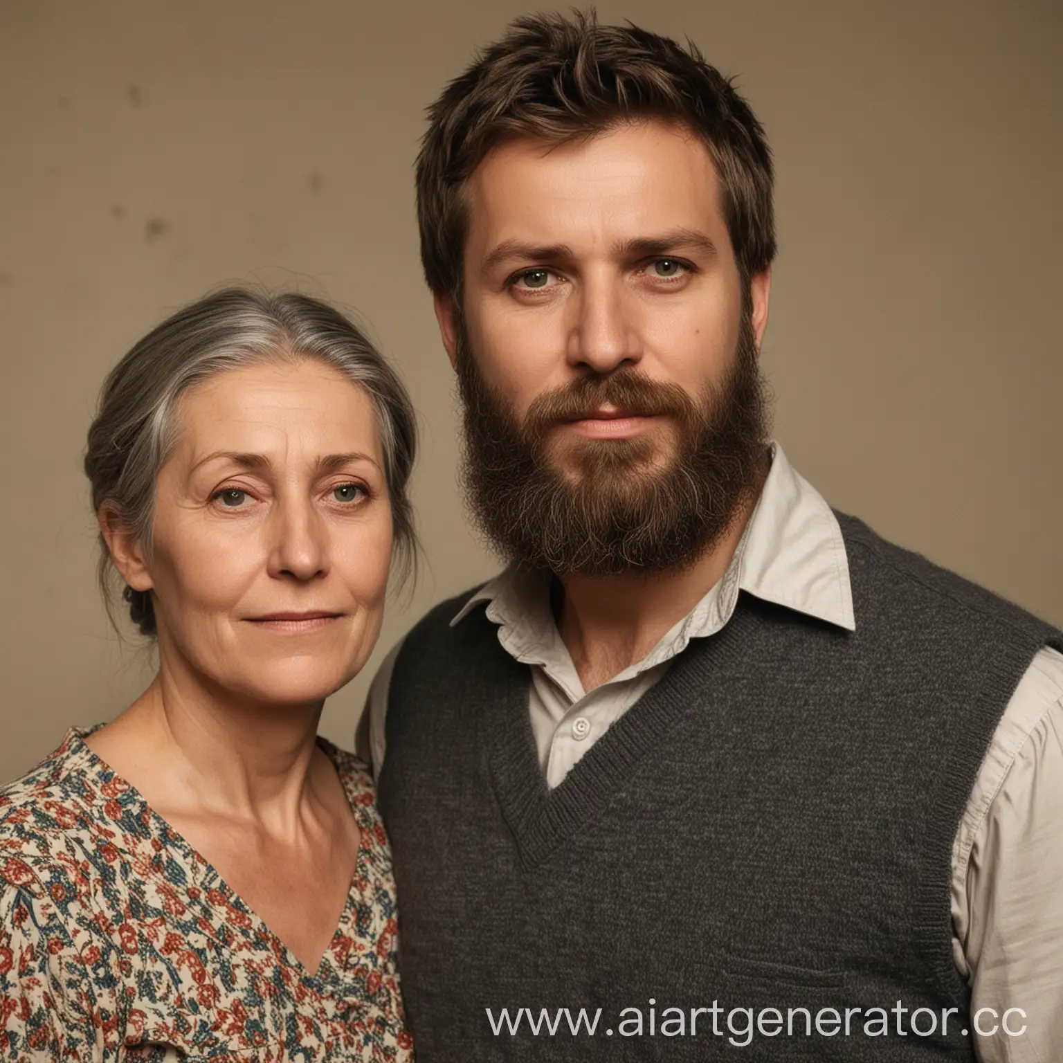 Bearded-Man-Standing-Next-to-His-Mother-in-Thoughtful-Pose