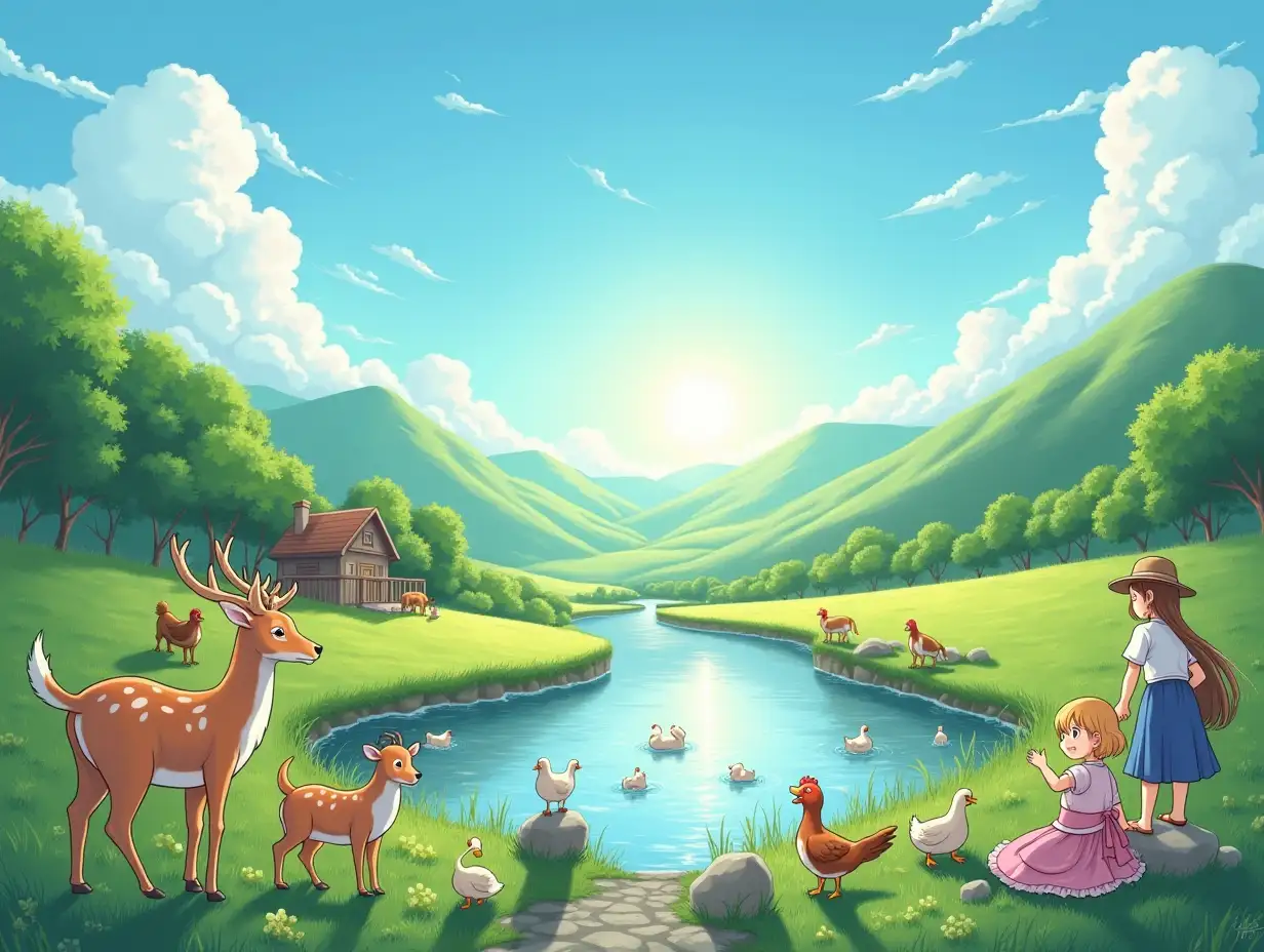 a picture of anime animal characters of dears, dogs,cows,hens,ducks, a river between two green hills, villager womens are washing their clothes, kids are playing, afternoon sun in the sky, Landscape photo frame, Photo ratio [1232×932]