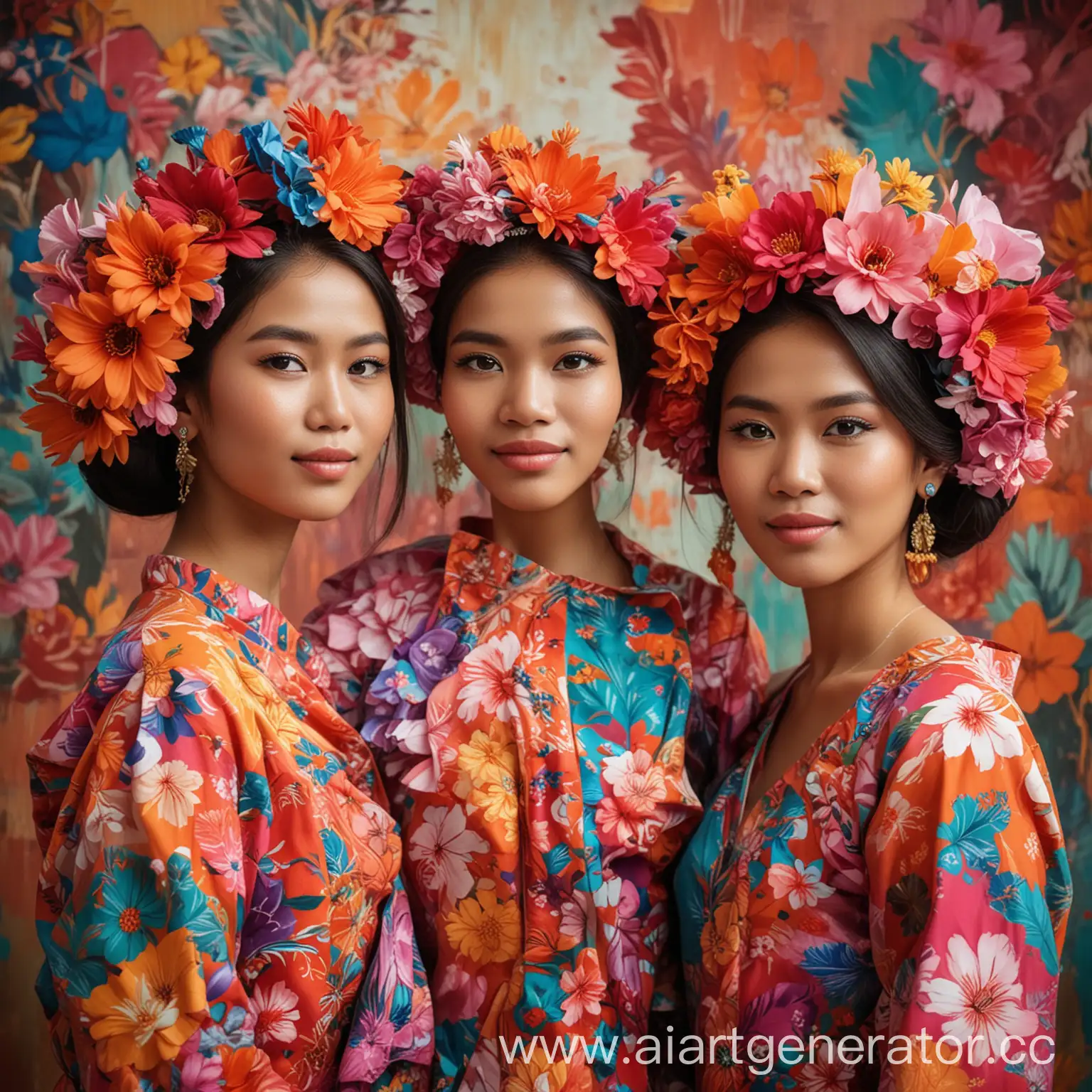 Colorful-Indonesian-Women-with-Flower-Adornments-in-Vibrant-Abstract-Setting