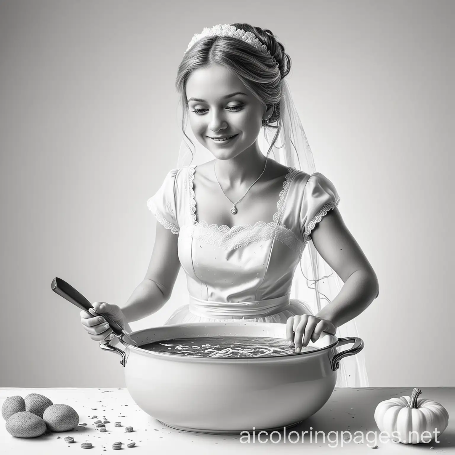 Line-Art-Realistic-Bride-Cooking-Soup-Coloring-Page