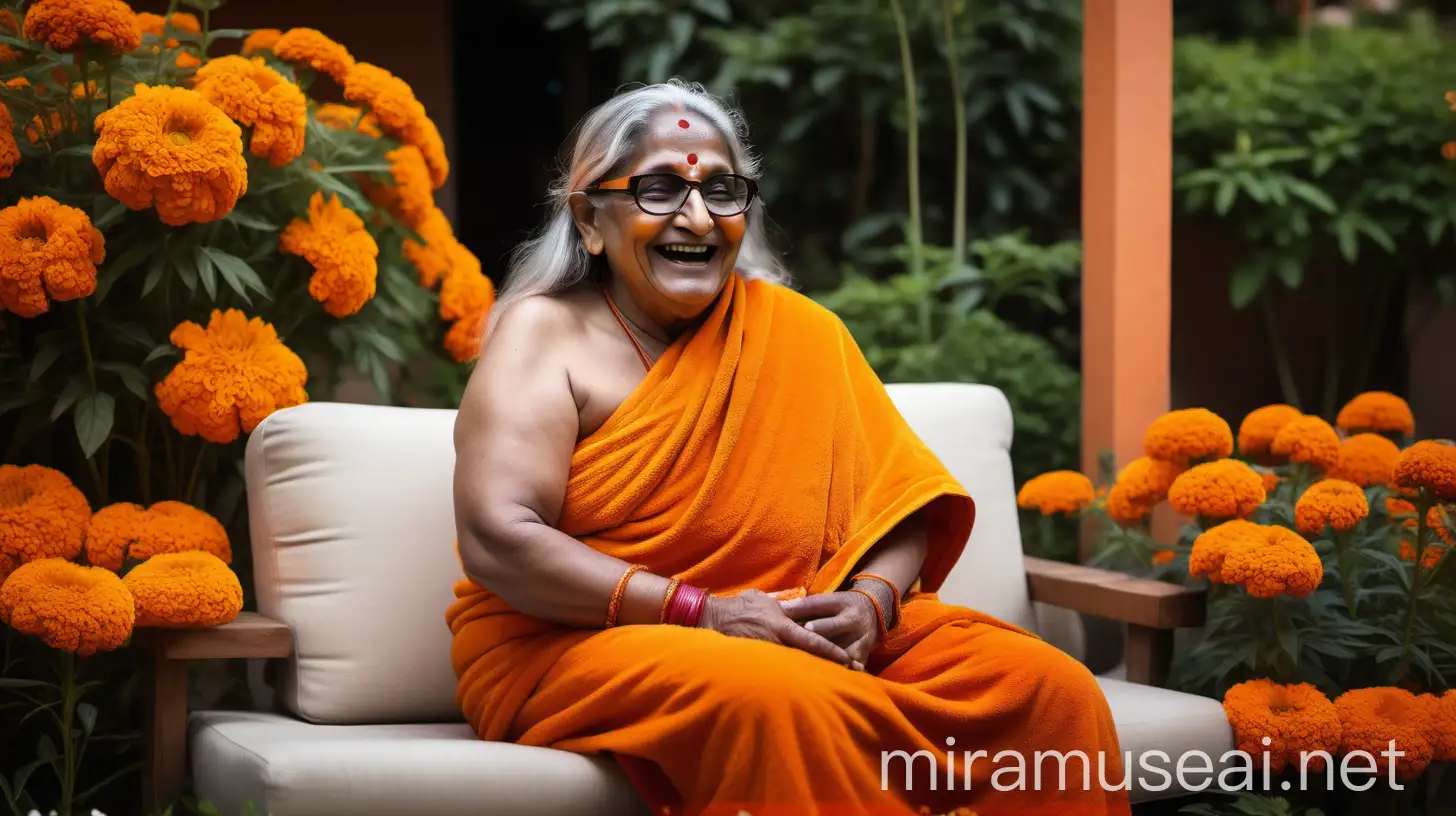 Elderly Indian Hindu Woman Monk and Bodybuilder in Luxurious Marigold Garden