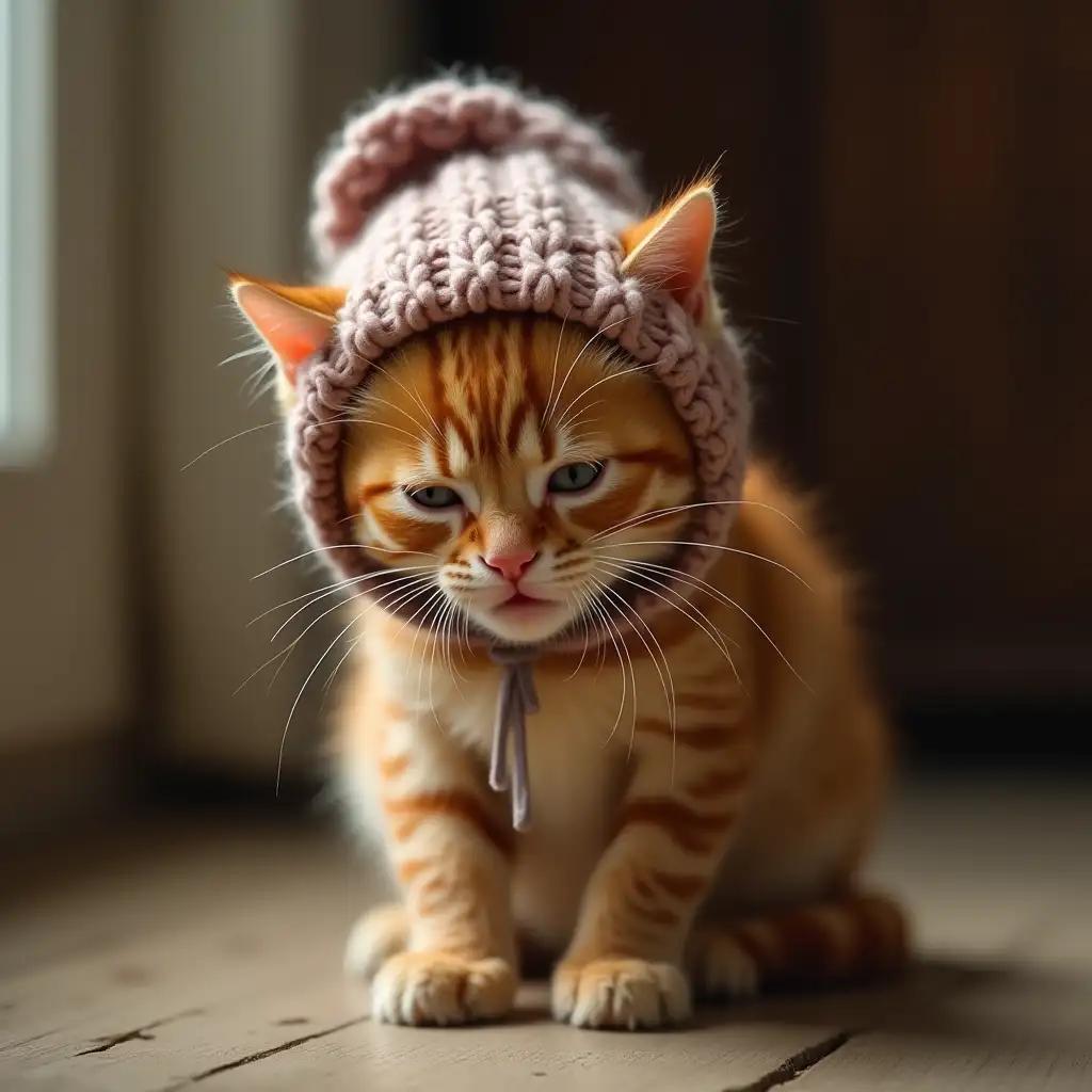 a ginger cute real kitten in a knitted hat is standing in the corner, lowered his head, lowered his ears, lowered its whiskers, lowered the corners of his mouth, and is crying