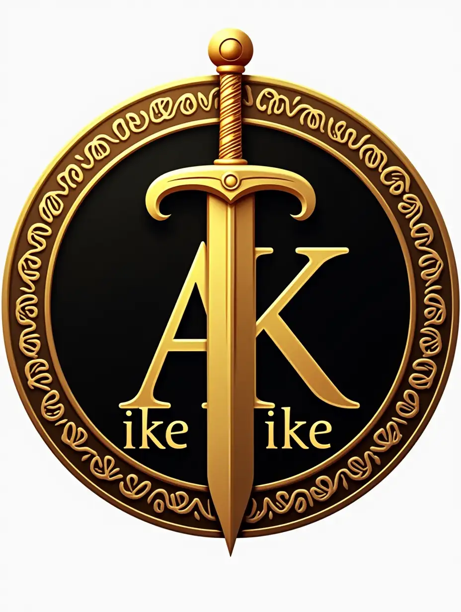 A luxurious and strong token-like logo design with the text A like k below the letter k with a dollar sign replacing the letter y and a sword integrated into the design. The logo is round and features a golden color scheme with intricate golden rings. The text is legible and harmoniously integrated with the sword and dollar sign elements. The logo evokes a feeling of prestige and value.