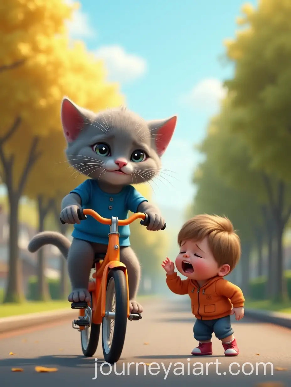 AI-Image-Prompt-ExpansionGray-Kitten-in-Blue-Shirt-Riding-Orange-Bike-Helping-Crying-Child-by-the-Road