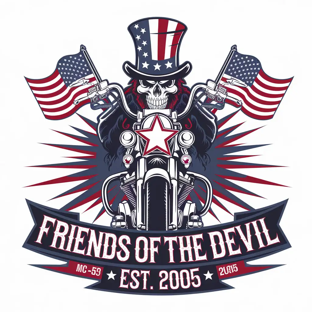 LOGO Design For Friends of the Devil MC Patriotic Skeleton Riding Motorcycle Theme