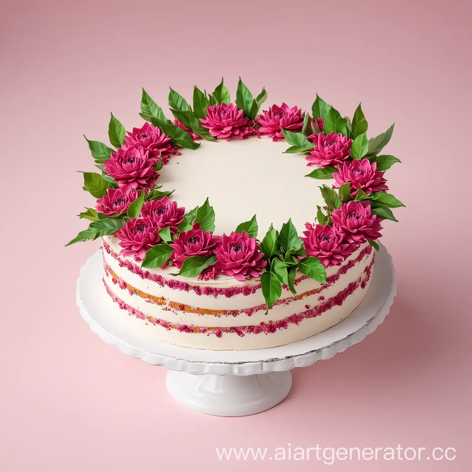 Colorful-Cake-with-Green-Leaf-Accents-on-White-Background