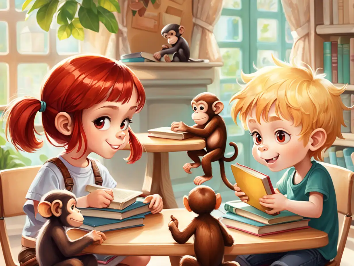 Children Eating Lunch with a Playful Monkey and Books
