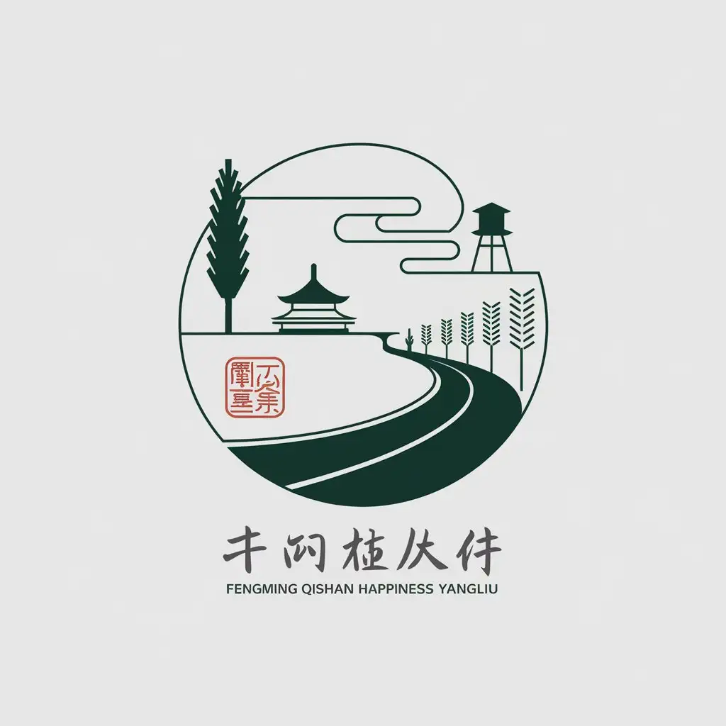 LOGO-Design-For-Fengming-Qishan-Happiness-Yangliu-Rural-Industry-Theme-with-Temple-Willow-Trees-and-Character-Seal