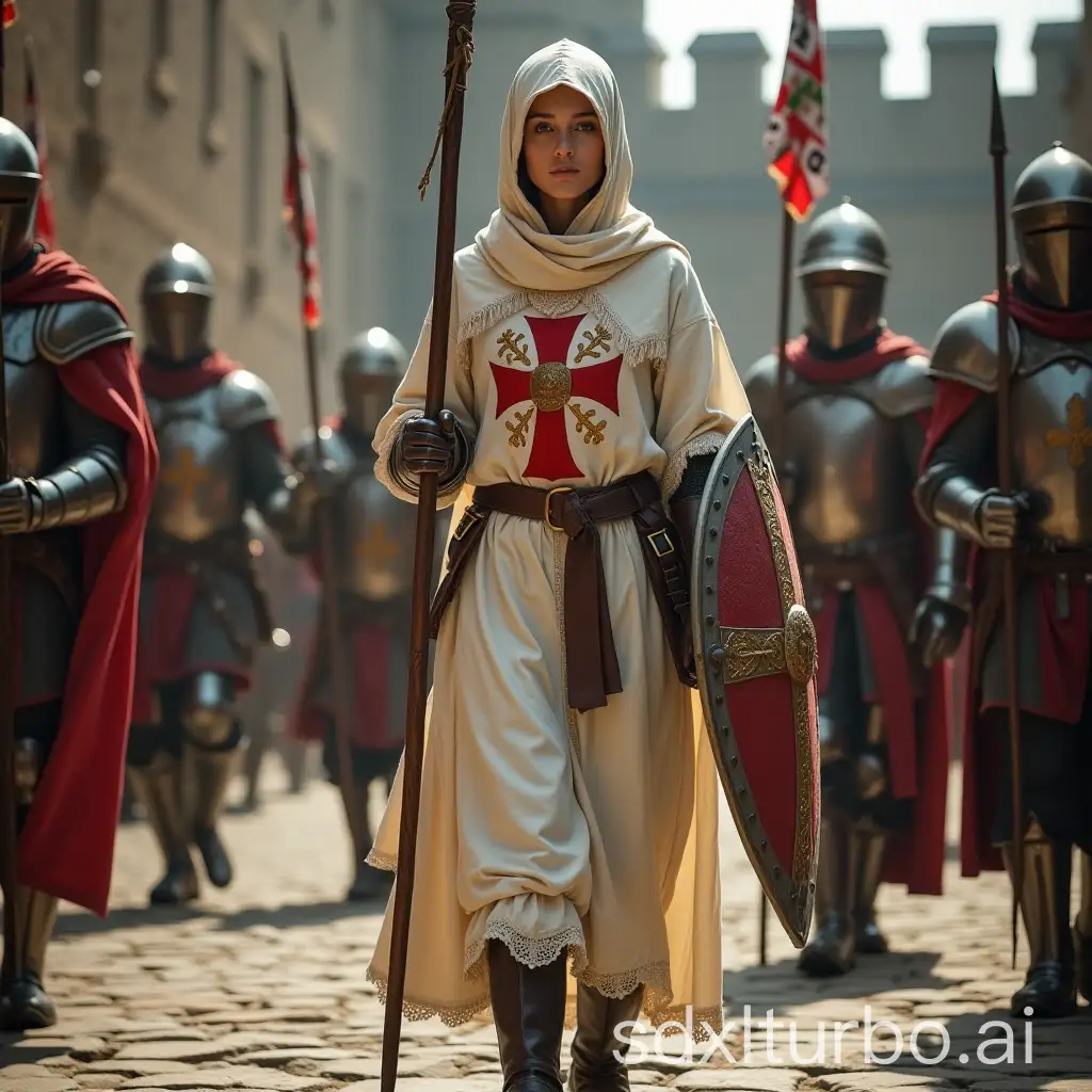 German-Female-Knight-Templar-in-White-Cloak-with-Red-Cross-Shield-and-Spear