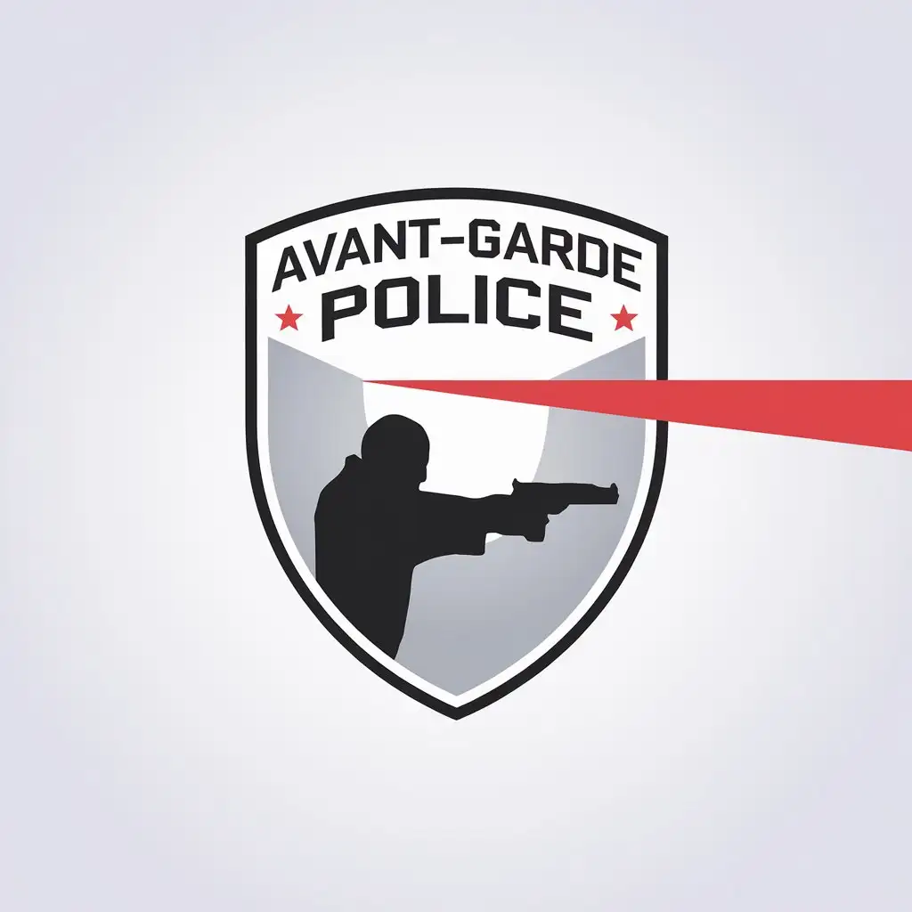 LOGO Design For Avantgarde Minimalistic Shield with Gunman Shadow and Red Laser Beam