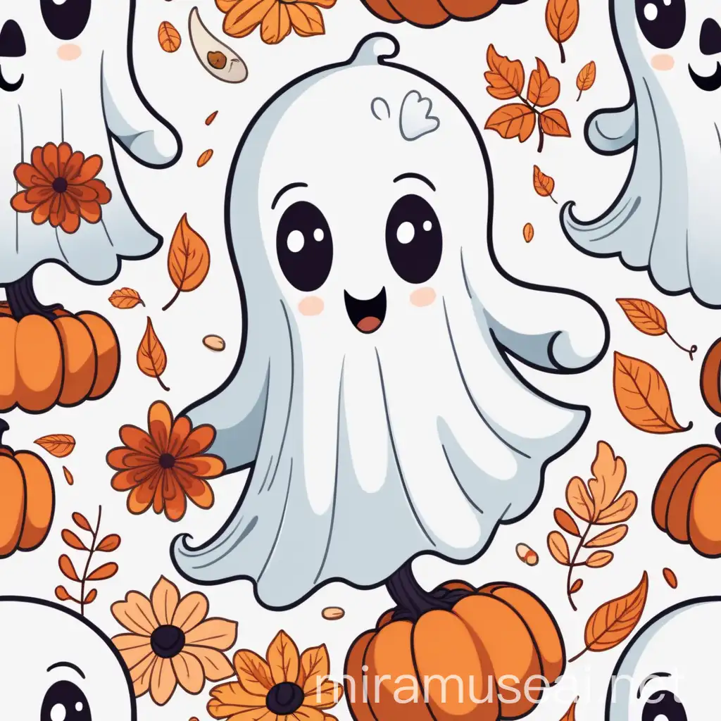Cartoon Cute Halloween Ghost with Fall Themed Flowers on White Background