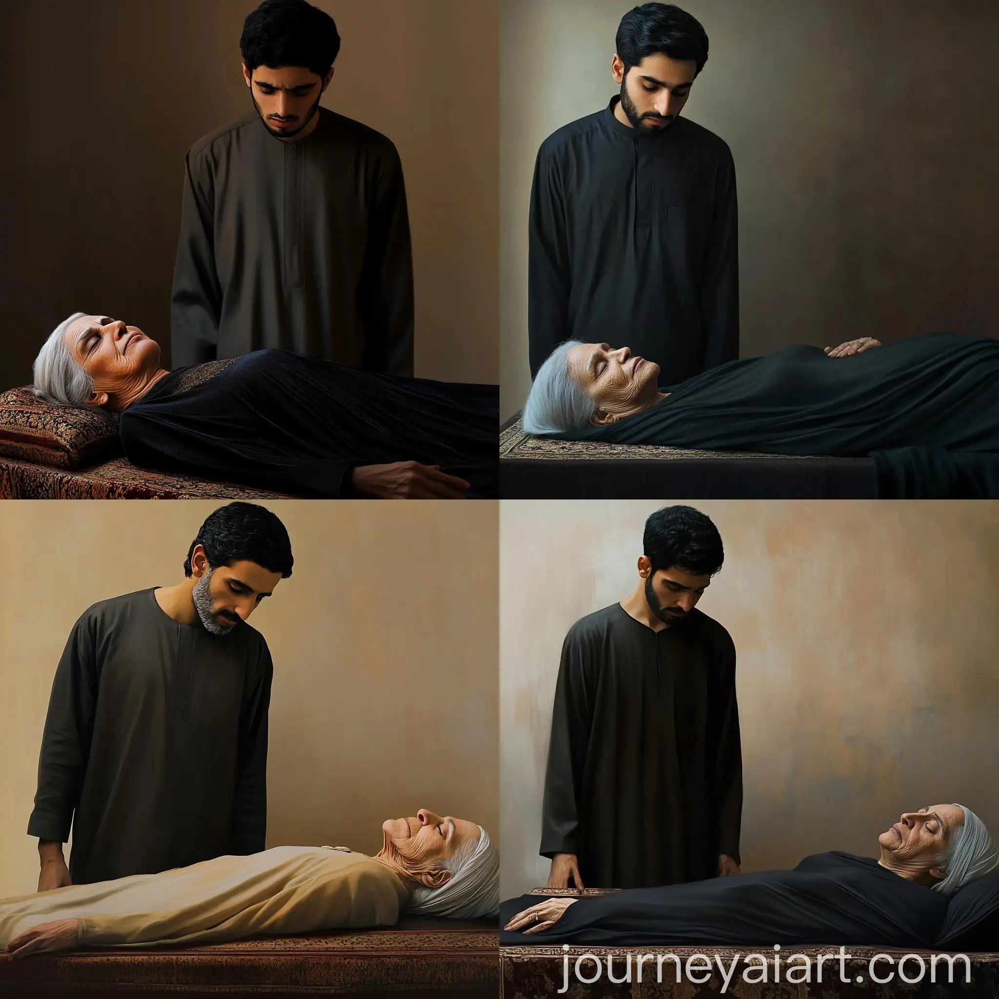 Sad-Saudi-Man-with-Elderly-Mother-Asleep-on-Table