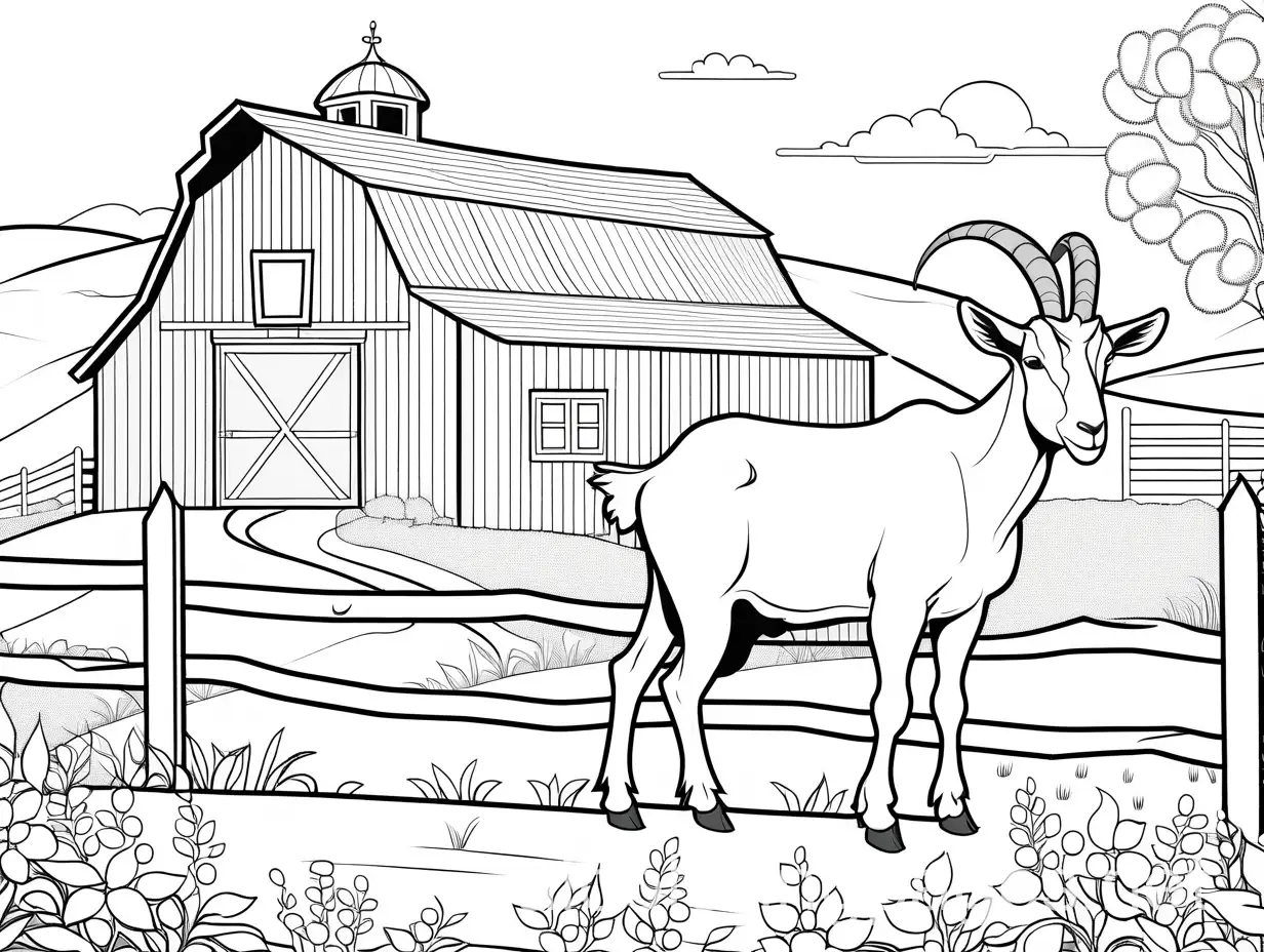 Friendly-Cartoon-Farm-Goat-with-Barn-Coloring-Page