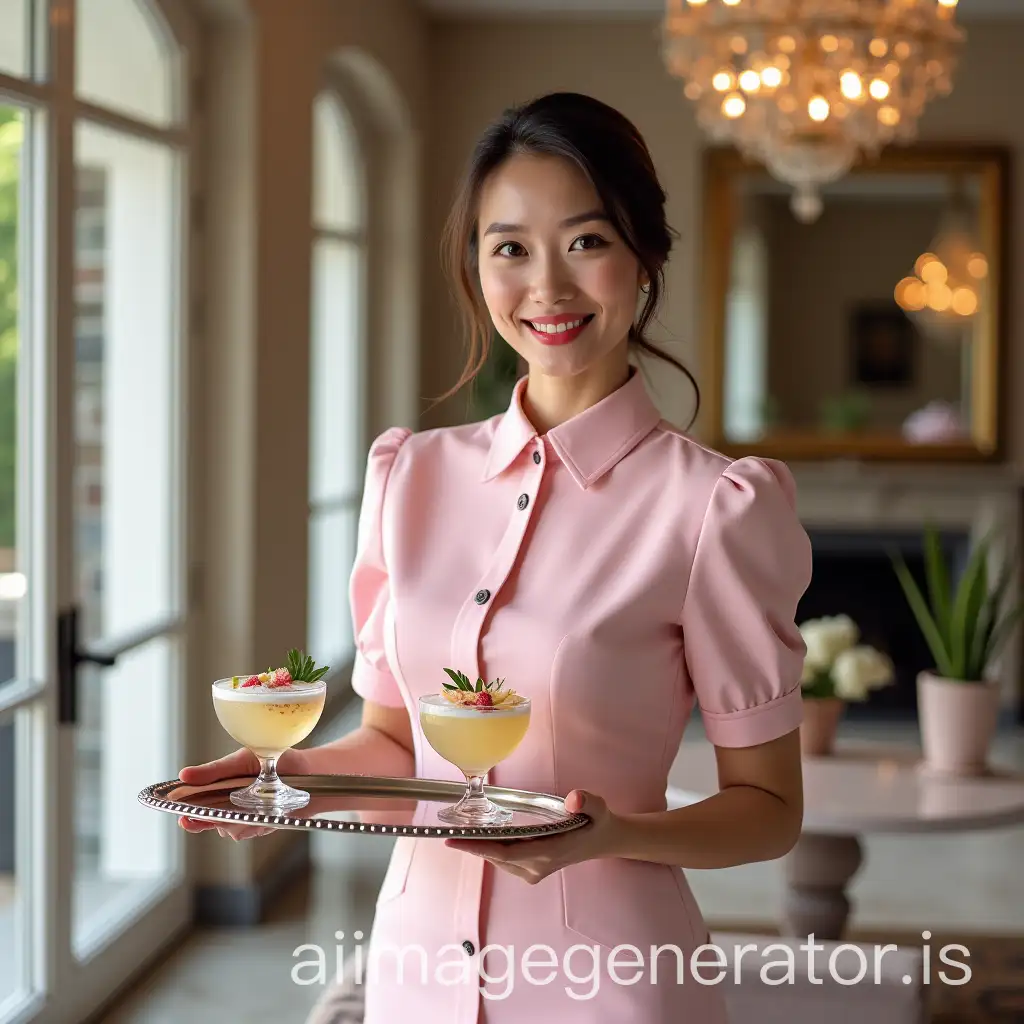 Modern mansion. A french maid in pink uniform serving drinks on a tray.