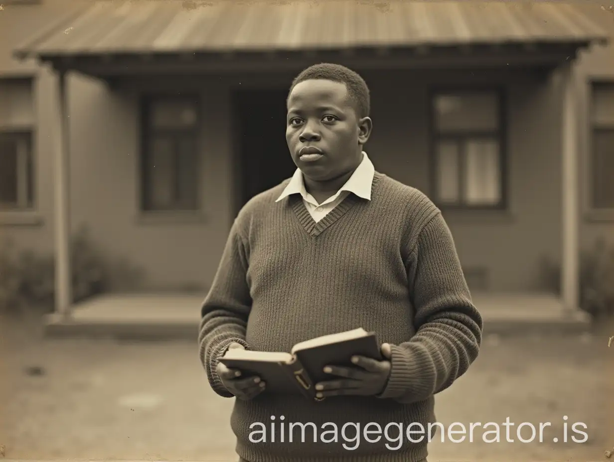 African-Boy-in-1900s-Standing-in-Front-of-School-with-Pen-and-Book