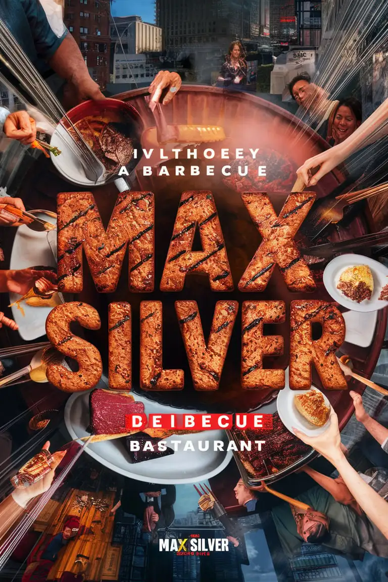 --prompt "Cinematic top view of . The meat of the word "Max Silver" is promotional film, the grilled texture barbecue appears on the meat of the word Max Silver" --seed 12345 `--v 4` 