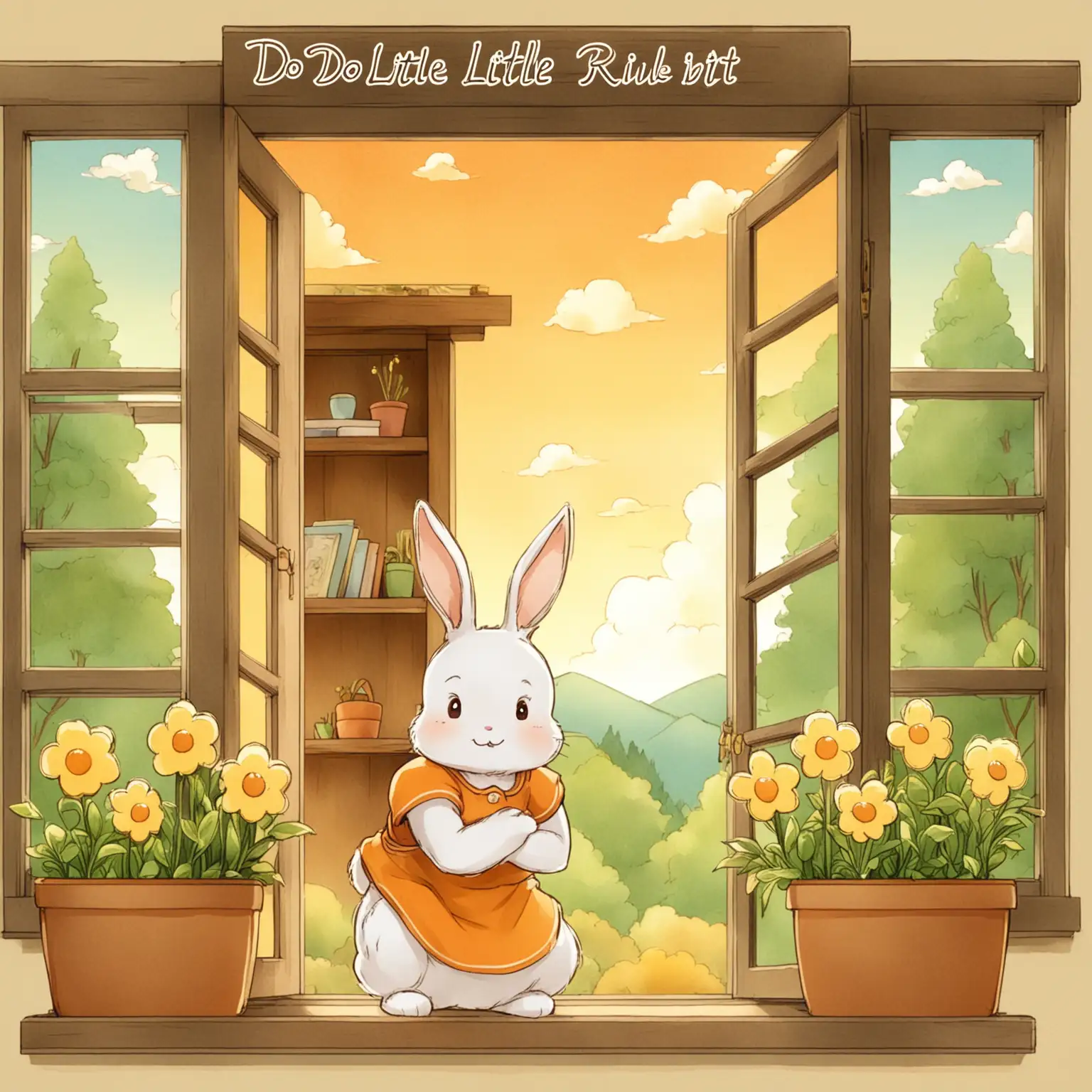 Color: Use warm orange-yellow as the main light source to create a cozy morning atmosphere. The house, forest, and hills use rich green and brown colors, and the sky is clear blue with white clouds gently outlined in white. Details: Design Mi Mi's little rabbit image to be cute and confident, with a determined gaze and a smile full of anticipation. The broom can be exaggerated a bit for contrast with Mi Mi's physique, adding playfulness. The house details should be warm, such as a warm light coming out of the door gap and flower pots on the windowsill. Font: Handwritten title should be lively and clear, and the small text introduction should use a soft font to ensure reading comfort. Text: Do one's own things