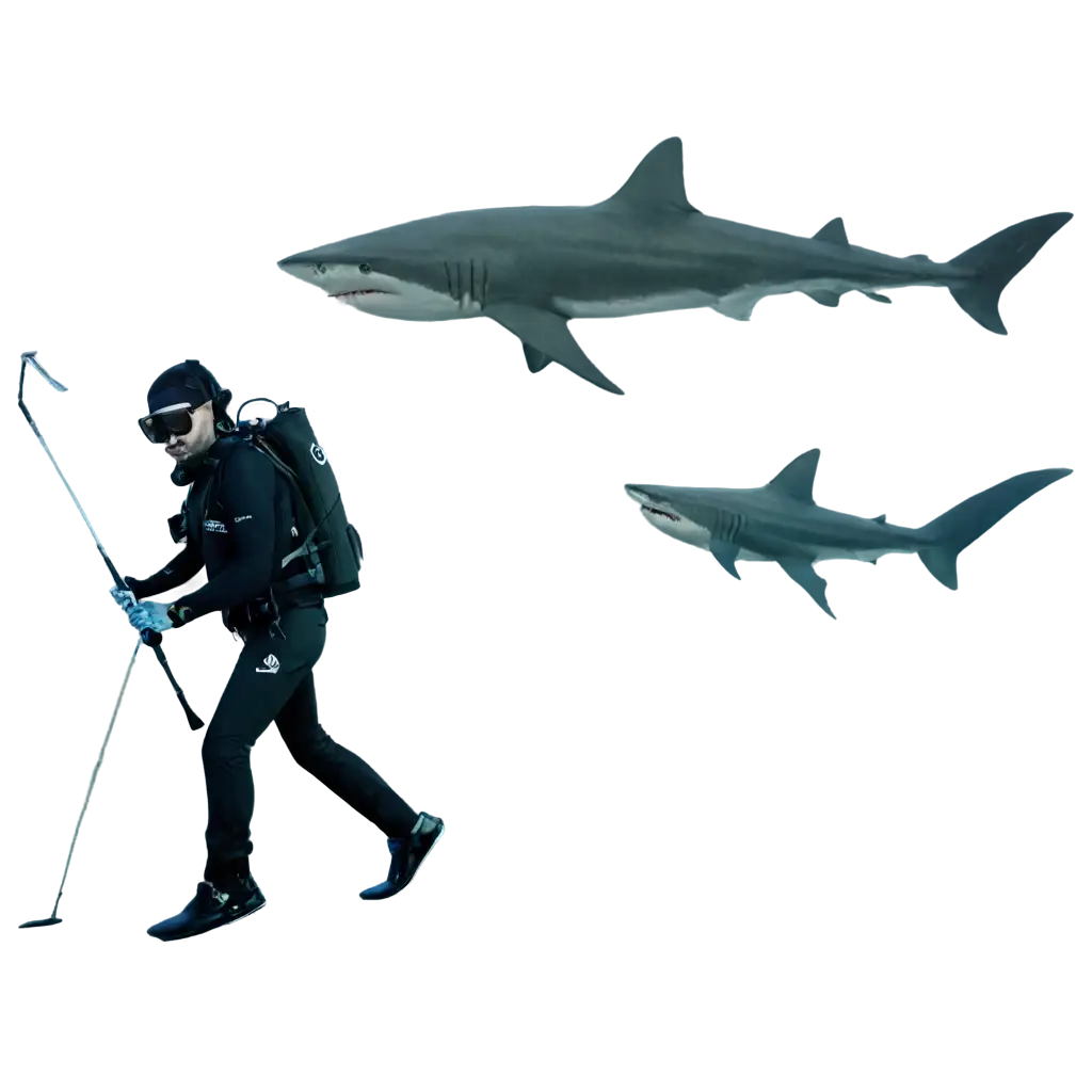 Scuba diver playing golf with sharks