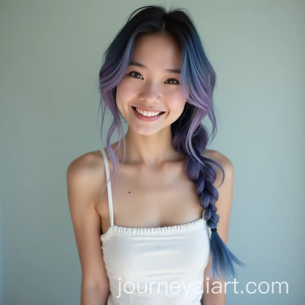 Cute-Asian-WomanAI-Image-Prompt-Expansion-in-White-Dress-with-Baby-Blue-and-Purple-Ombre-Hair-in-PostApocalyptic-World