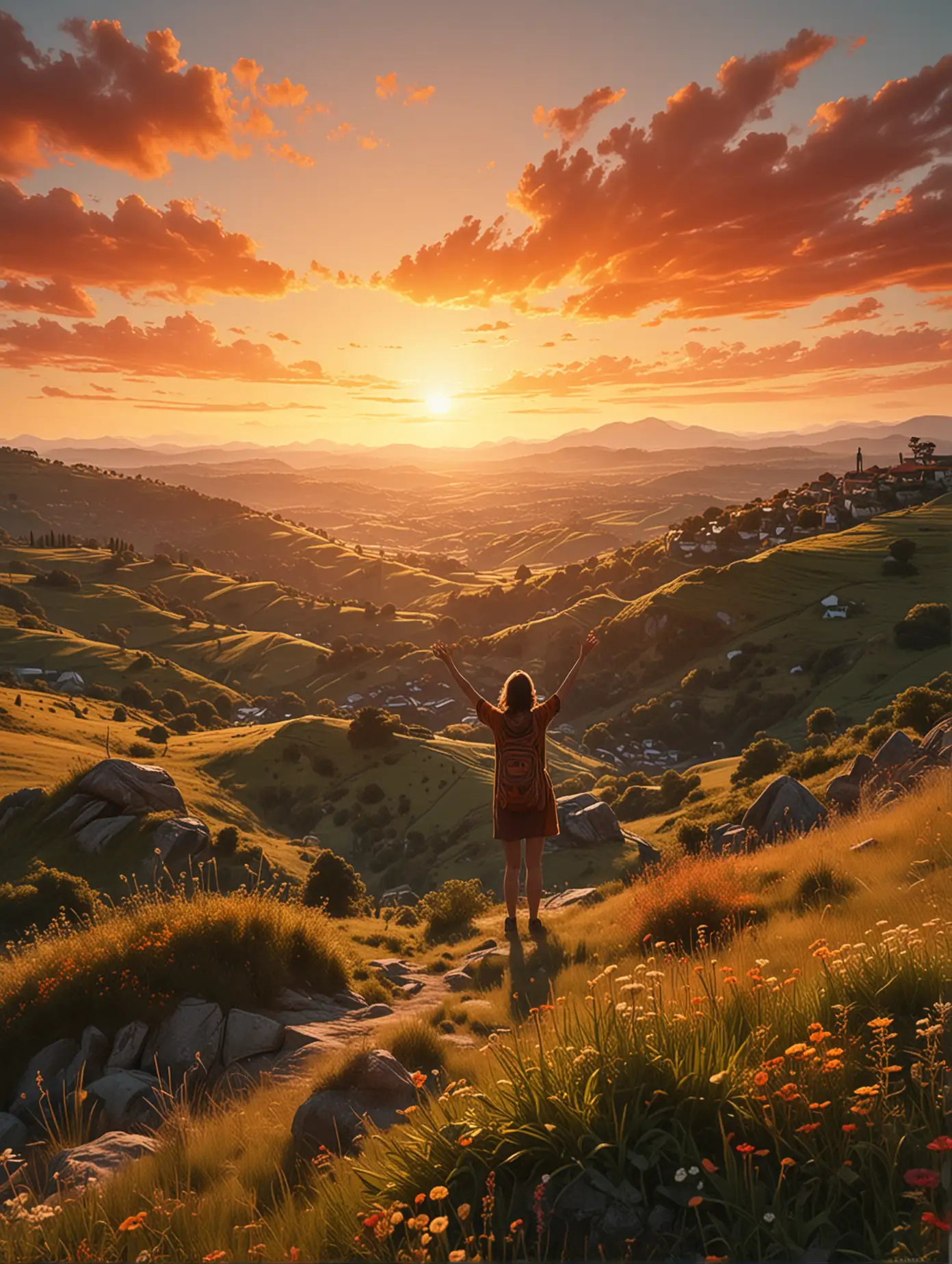 A mid-shot of a person standing on a lush hilltop, arms raised in joy as they gaze at a vibrant sunrise. The scene embodies hope and anticipation, with the person bathed in warm golden light. The landscape is lush and full of life, rendered in Lem Chmiel’s vibrant ink style, capturing the essence of joy and hope. Captured with a wide angle lens, depth of field, rich and vivid coloring, 8k resolution and composition.