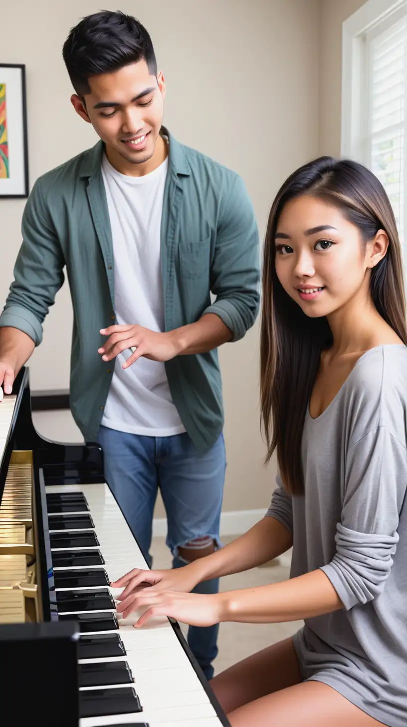 Latina Man Teaching Asian Woman Piano at Home