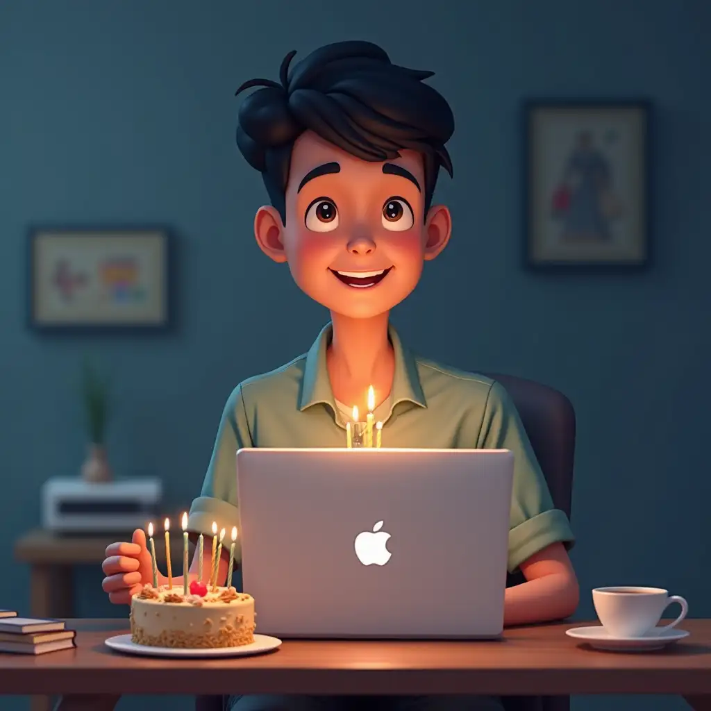 birthday of a CTO image. working in an IT company create an image of a white guy with black hair and 5.6 feet tall. working on an apple latop with a birthday cake. make it a bit animated and with shorter hair but the guy is almost 40 years old please