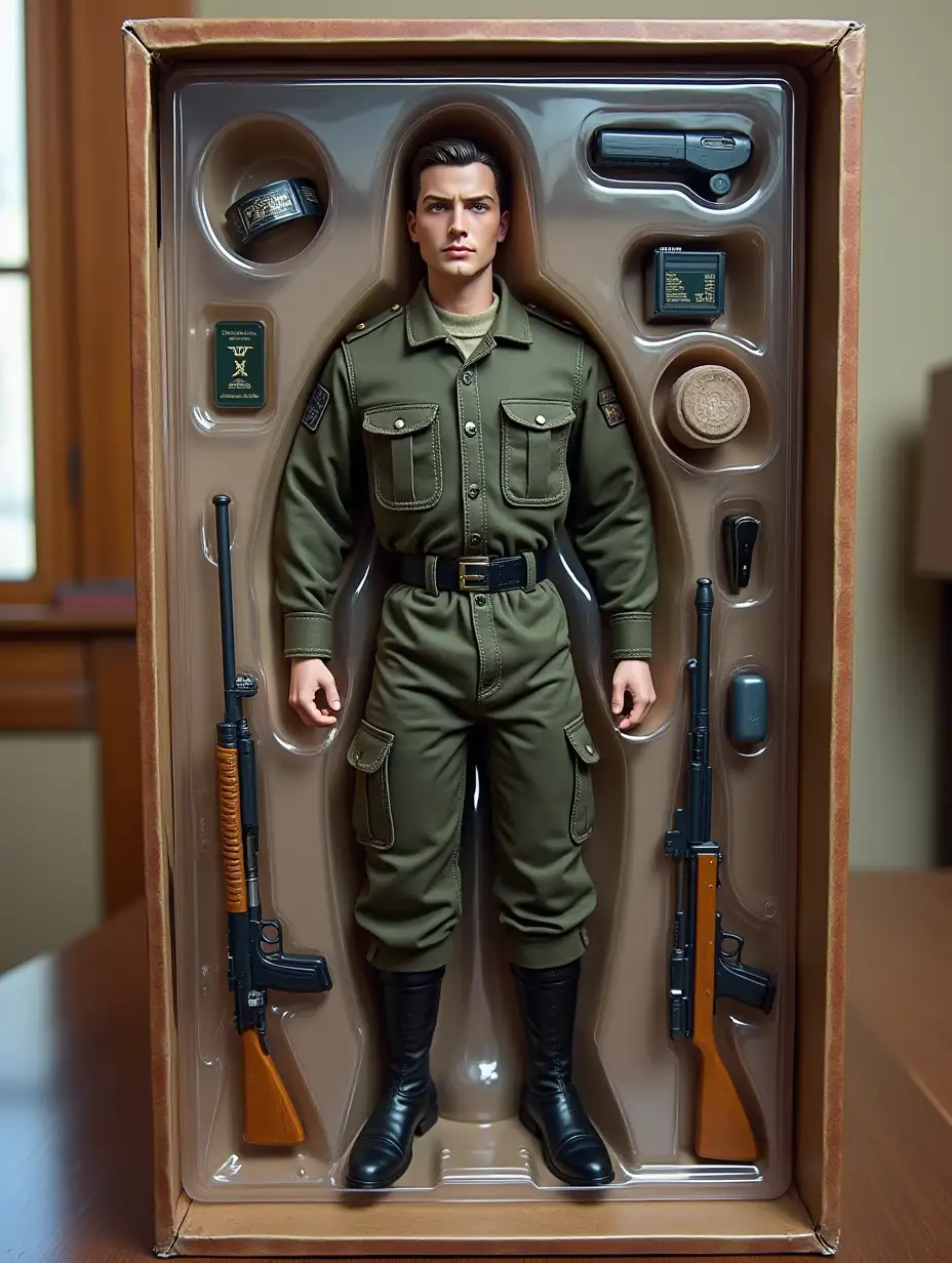 Create a photorealistic action figure of a person on a photo. The figure should be full size and fit into a transparent plastic box with a colorful cardboard background, like real collectible toys. Make the packaging as realistic as possible - glossy plastic, sections for items and a toy store style design. nBrand the box with [Olezha]. The box packaging will have an atmosphere: [military in WW2 uniform]. nPlace accessories next to the figure: [phone, military ID, electronic cigarette]. nMake the figure in the style of [Barbie].