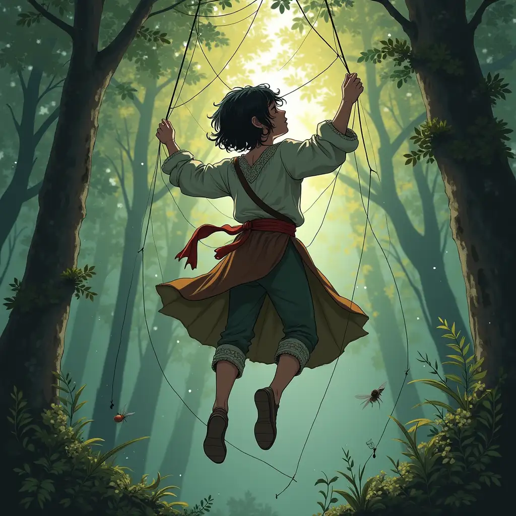 A young sixteen-year-old european femboy with short black hair, visible ears and face similar to a young Winona Rider, dressed in a medieval fantasy peasant boy costume is caught in a giant spider web in the forest, hanging caught in a spider's web like a fly, about three feet above the ground. Fantasy book ilustration style.