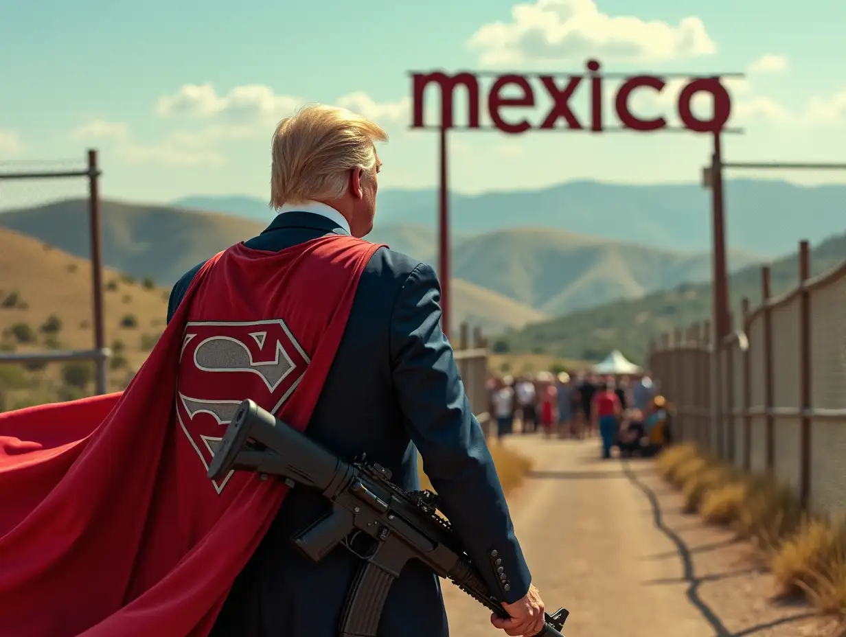 donald trump lookalike facing away, carrying an automatic weapon, wearing a superman cape over his business suit, looking through a  high security fence, to the rolling hills beyond,with hordes of people at the fence. the word 'mexico' in large letters in the sky