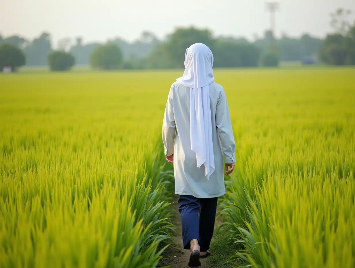 muslim woman with white hijab walking in the rice field