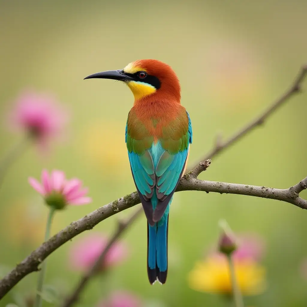 A vividly colored European bee-eater (Merops apiaster) bird perches on a slender, mossy branch. The bird (bird) has striking plumage: a deep red crown and nape, with a bold black eye stripe through red eyes. Its throat is golden yellow, bordered by a black line, blending into a warm orange-brown chest. The upper wings mix chestnut and turquoise, while the lower wings and back have an iridescent blue-green hue. The long tail feathers display layered blue-green shades. Its beak is slender, slightly curved, and black, ideal for catching insects mid-flight. The bird's body faces away from the camera, while its head is turned right. The background is a softly blurred wildflower meadow with pink and yellow blossoms, creating a dreamy feel. The shallow depth of field highlights the bird beautifully.