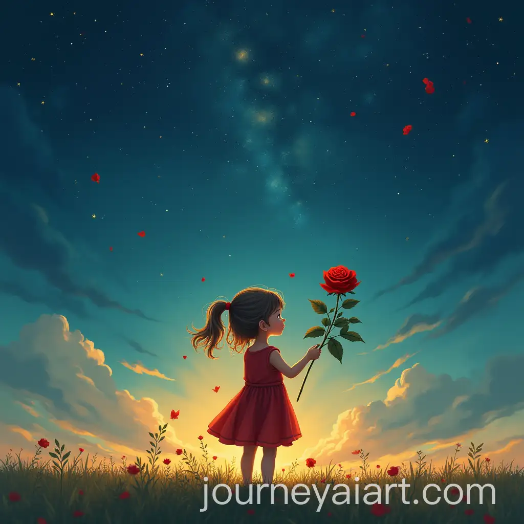 Little-Girl-with-Red-Rose-Under-Starry-Sky-in-Red-Dress